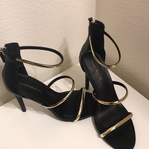 Gold accent strappy heels